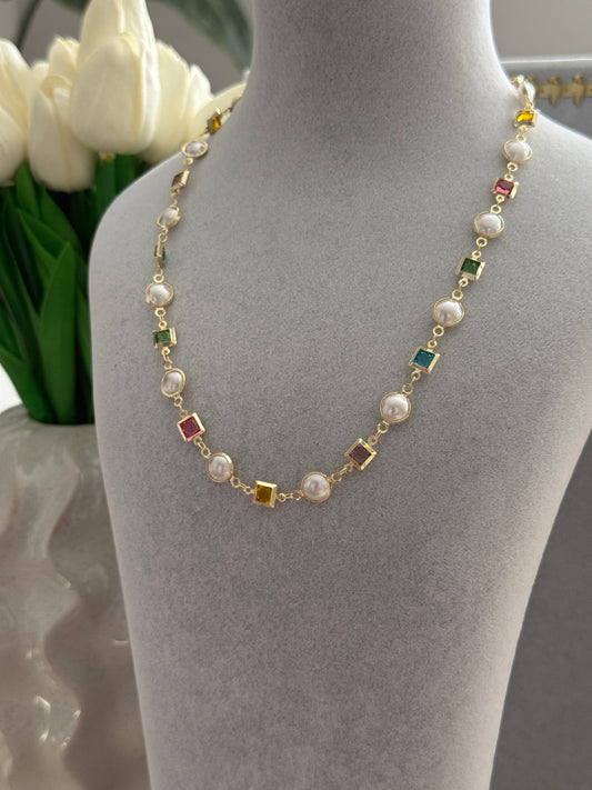 İnci ve Renkli Zirkon Kolye | GOÉZ