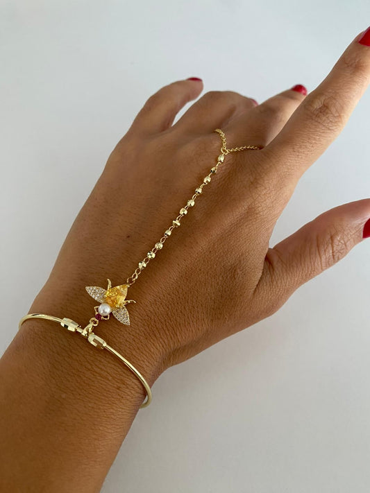 Şahmeran Sarı Taşlı İnci Gövdeli Bangle Parmak Zinciri | GOÉZ